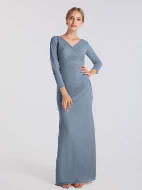 Floor Length V Neck Ruched Mesh 3/4-Sleeve Bridesmaid Dress AB202070