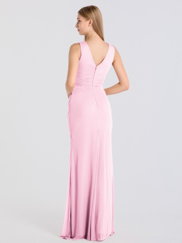 Sleeveless Long High-Neck Ruched Mesh Bridesmaid Dress AB202143