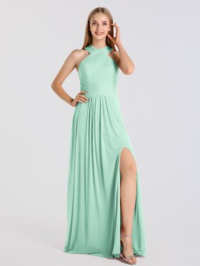 Crisscross High-Neck Mesh Bridesmaid Dress with Slit AB202045