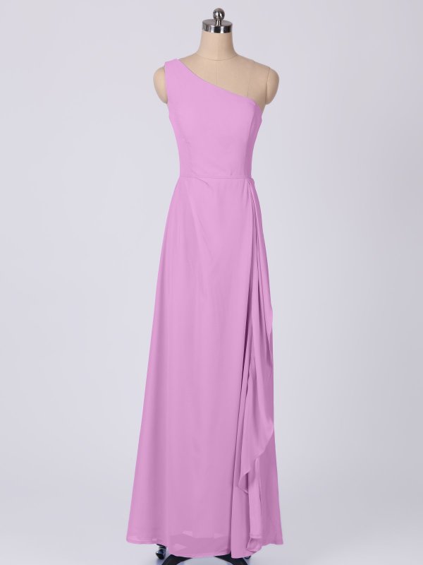 One-Shoulder Chiffon Bridesmaid Dress With Cascade Slit Skirt AB202126