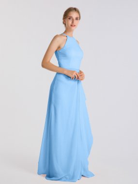 High Halter Neck Long Sheath Chiffon Bridesmaid Gown with Cascade AB202079