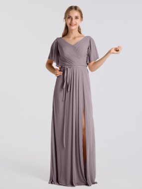 Flutter Sleeves Long A-line V-neck Mesh Bridesmaid Dress AB202073
