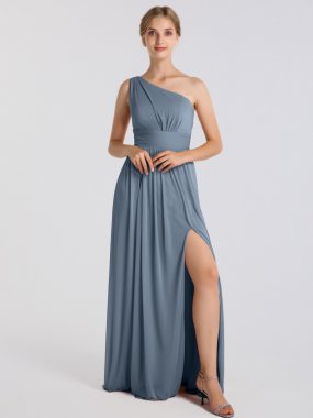Long One Shoulder Mesh Bridesmaid Dress with Ruched Waist AB202100