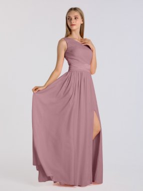 Chic Long One Shoulder Satin Dress for Bridesmaids with Sash AB202059