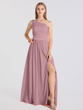 Chic Long One Shoulder Satin Dress for Bridesmaids with Sash AB202059