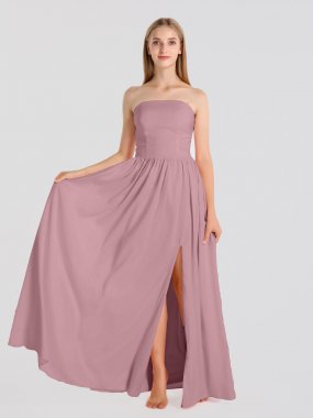 Long Strapless Satin Bridesmaid Dress With Belt and Slit AB202111