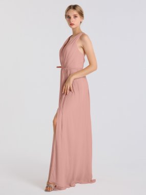 Long Tank V Neck Crinkle Chiffon Dress With Low Crisscross Back AB202112