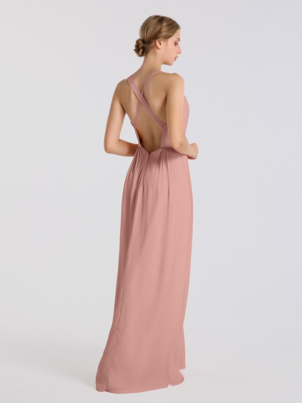 Long Tank V Neck Crinkle Chiffon Dress With Low Crisscross Back AB202112