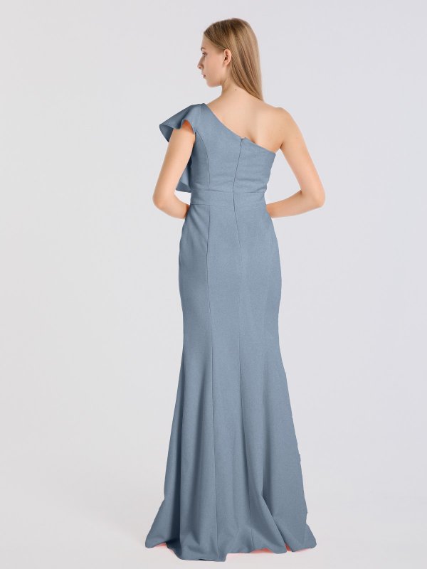 Ruffled One-Shoulder Crinkle Chiffon Bridesmaid Dress with Belt AB202130