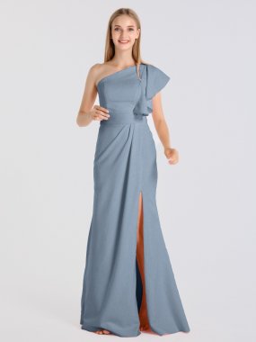 Ruffled One-Shoulder Crinkle Chiffon Bridesmaid Dress with Belt AB202130