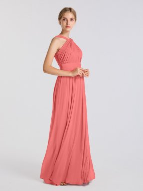 Flowing Long A-line Y-neck Pleated Mesh Bridesmaid Dress AB202048