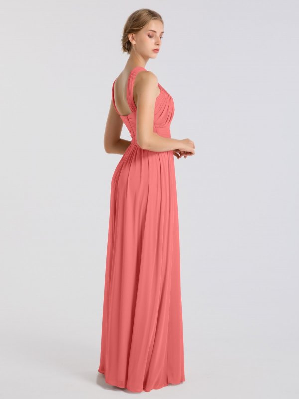 Flowing Long A-line Y-neck Pleated Mesh Bridesmaid Dress AB202048