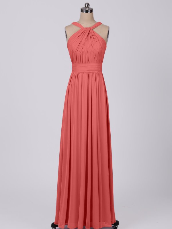 Flowing Long A-line Y-neck Pleated Mesh Bridesmaid Dress AB202048