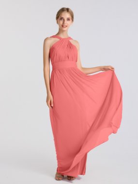 Flowing Long A-line Y-neck Pleated Mesh Bridesmaid Dress AB202048