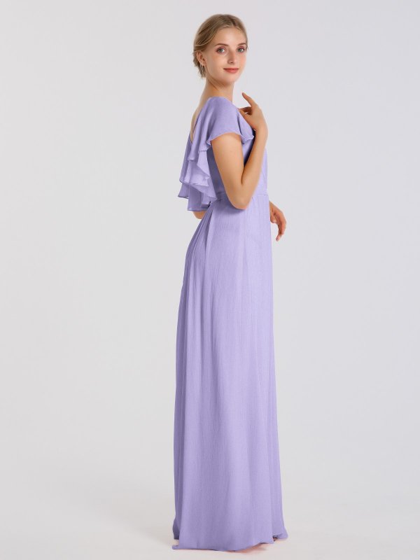 Flutter Sleeve A-Line Long Crinkle Chiffon Dress For Bridesmaids AB202072