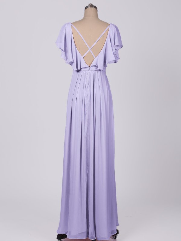 Flutter Sleeve A-Line Long Crinkle Chiffon Dress For Bridesmaids AB202072