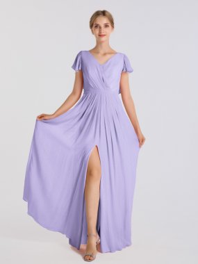 Flutter Sleeve A-Line Long Crinkle Chiffon Dress For Bridesmaids AB202072