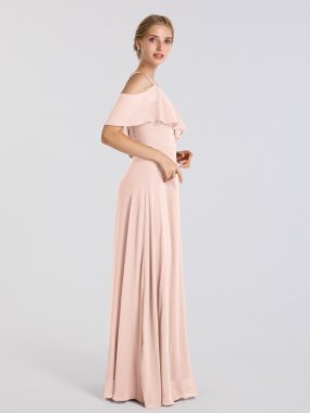 Chiffon Long A-line Cold-Shoulder Bridesmaid Dress with V-Neck AB202043