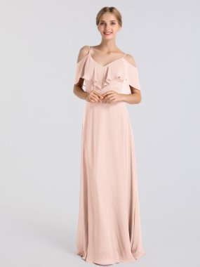 Chiffon Long A-line Cold-Shoulder Bridesmaid Dress with V-Neck AB202043