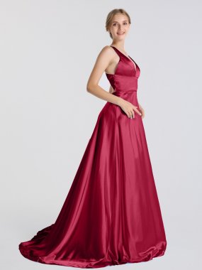 Sexy Long V-neck Satin Prom Dress with Side Slit AB202170