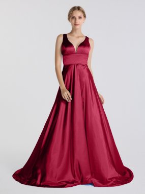 Sexy Long V-neck Satin Prom Dress with Side Slit AB202170