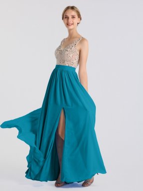 Elegant Long Beaded-Bodice Tank V-neck Chiffon Prom Party Gown AB202158