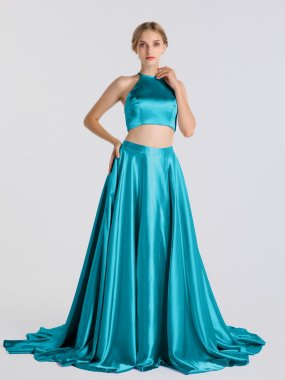 Two Pieces A-line Halter Neck Satin Prom Gown with Pockets AB202178