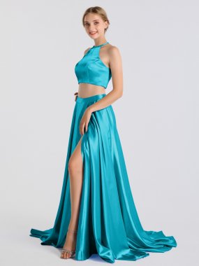 Two Pieces A-line Halter Neck Satin Prom Gown with Pockets AB202178