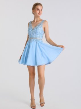 Mini Tank A-line V-neck Lace Appliqued Chiffon Homecoming Dress AB202164