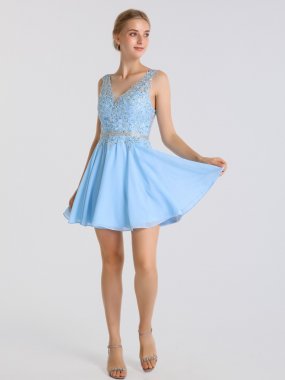 Mini Tank A-line V-neck Lace Appliqued Chiffon Homecoming Dress AB202164