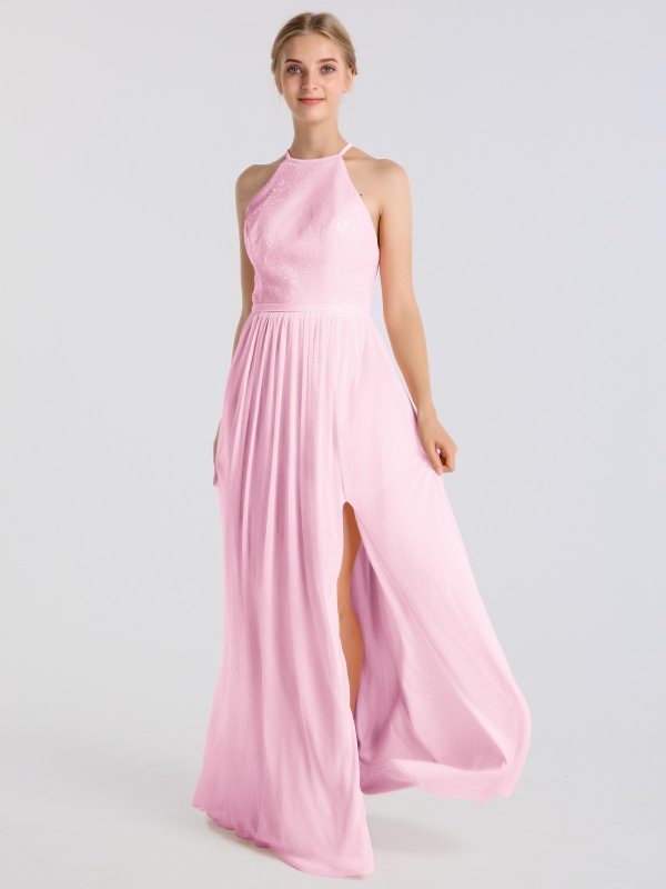 Long Sequin And Mesh Bridesmaid Dress with Open Back AB202105