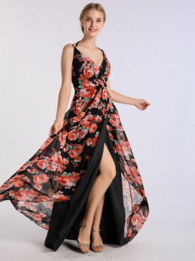 Long Printed Bridesmaid Wrap Dress with Double-Strap AB202103