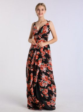 Long Printed Bridesmaid Wrap Dress with Double-Strap AB202103