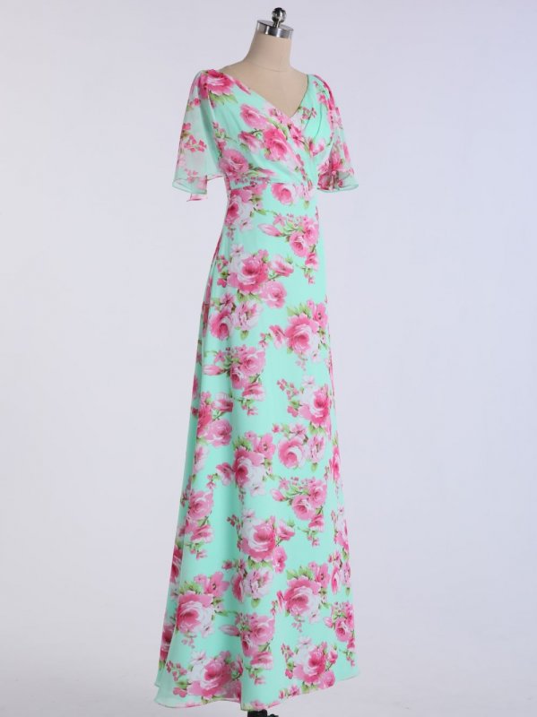 Long A-line Floral Chiffon Dress with Flutter Sleeves AB202088