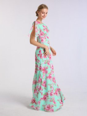 Long A-line Floral Chiffon Dress with Flutter Sleeves AB202088