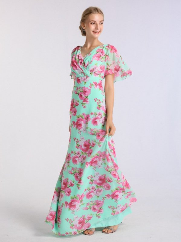 Long A-line Floral Chiffon Dress with Flutter Sleeves AB202088