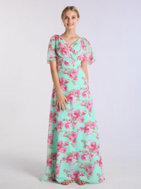 Long A-line Floral Chiffon Dress with Flutter Sleeves AB202088