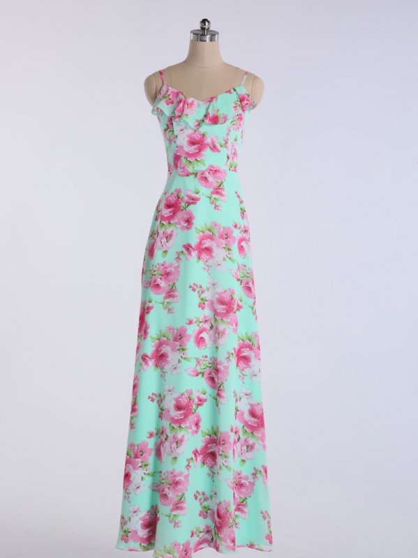 Print Long A-line Chiffon Bridesmaid Gown with Spaghetti Straps AB202128