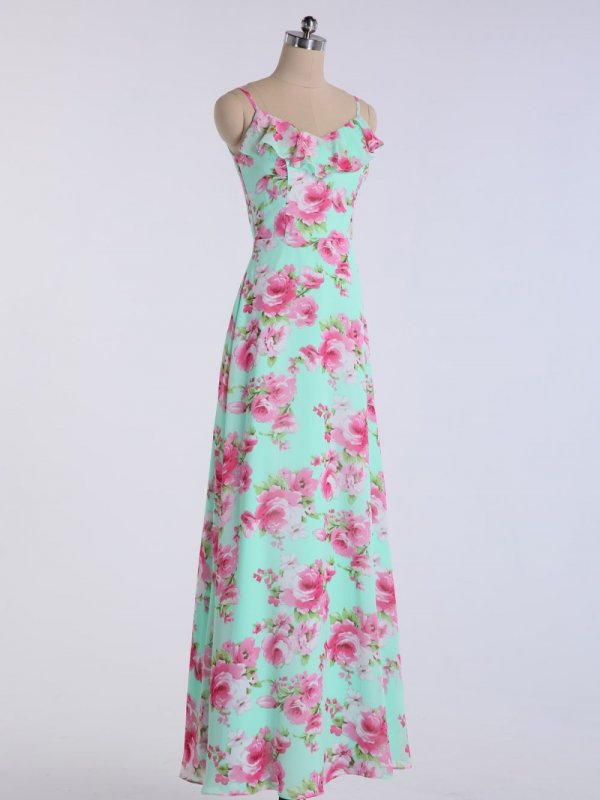 Print Long A-line Chiffon Bridesmaid Gown with Spaghetti Straps AB202128