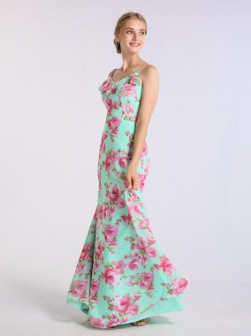 Print Long A-line Chiffon Bridesmaid Gown with Spaghetti Straps AB202128