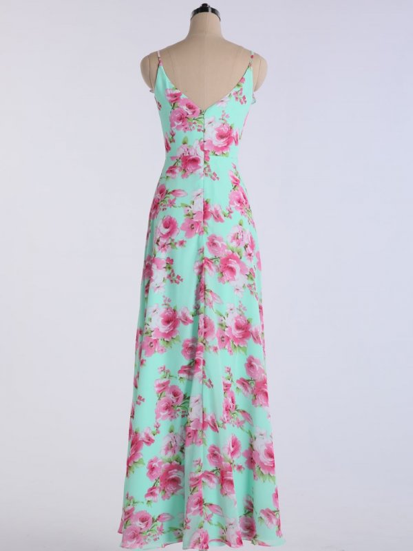 Print Long A-line Chiffon Bridesmaid Gown with Spaghetti Straps AB202128