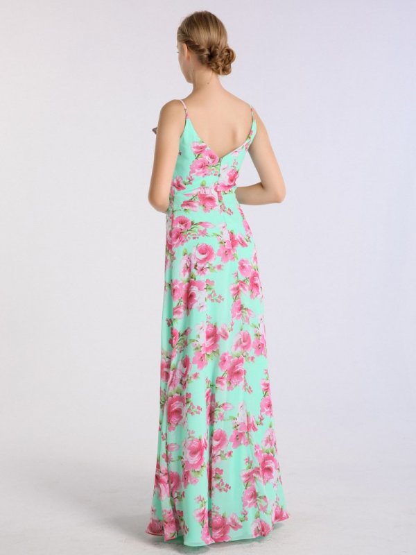 Print Long A-line Chiffon Bridesmaid Gown with Spaghetti Straps AB202128
