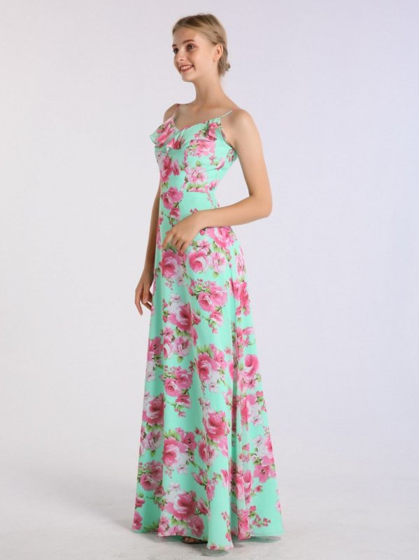 Print Long A-line Chiffon Bridesmaid Gown with Spaghetti Straps AB202128