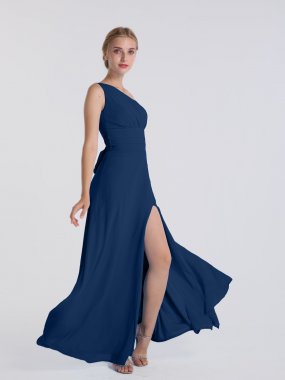 Long Chiffon One-Shoulder Bridesmaid Dress with Ruched Waist AB202091