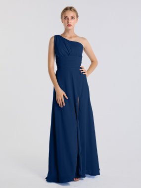 Long Chiffon One-Shoulder Bridesmaid Dress with Ruched Waist AB202091