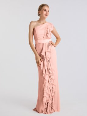 Long One Shoulder Ruffled Crinkle Chiffon Bridesmaid Dress AB202101