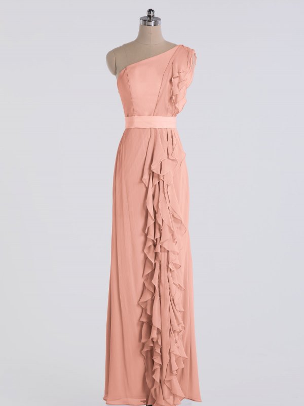 Long One Shoulder Ruffled Crinkle Chiffon Bridesmaid Dress AB202101