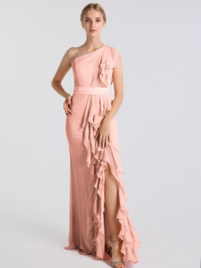 Long One Shoulder Ruffled Crinkle Chiffon Bridesmaid Dress AB202101