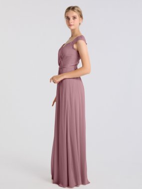 Long Mesh Dress With Lace Cap Sleeves And Front Slit AB202097