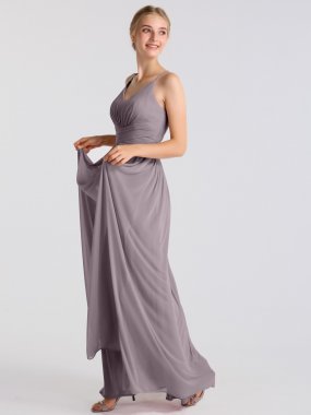 Delicate Long Spaghetti Strap Pleated Waist Mesh Bridesmaid Gown AB202063